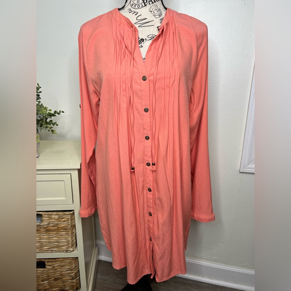 Umgee Coral Button Up Long Sleeve Dress